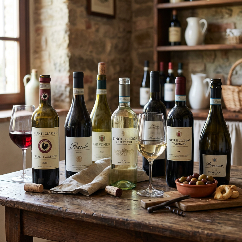 Bottles of Chianti Classico, Barolo, Pinot Grigio, Montepulciano D'Abruzzo, and Prosecco with wine glasses and a bowl of olives on wooden table