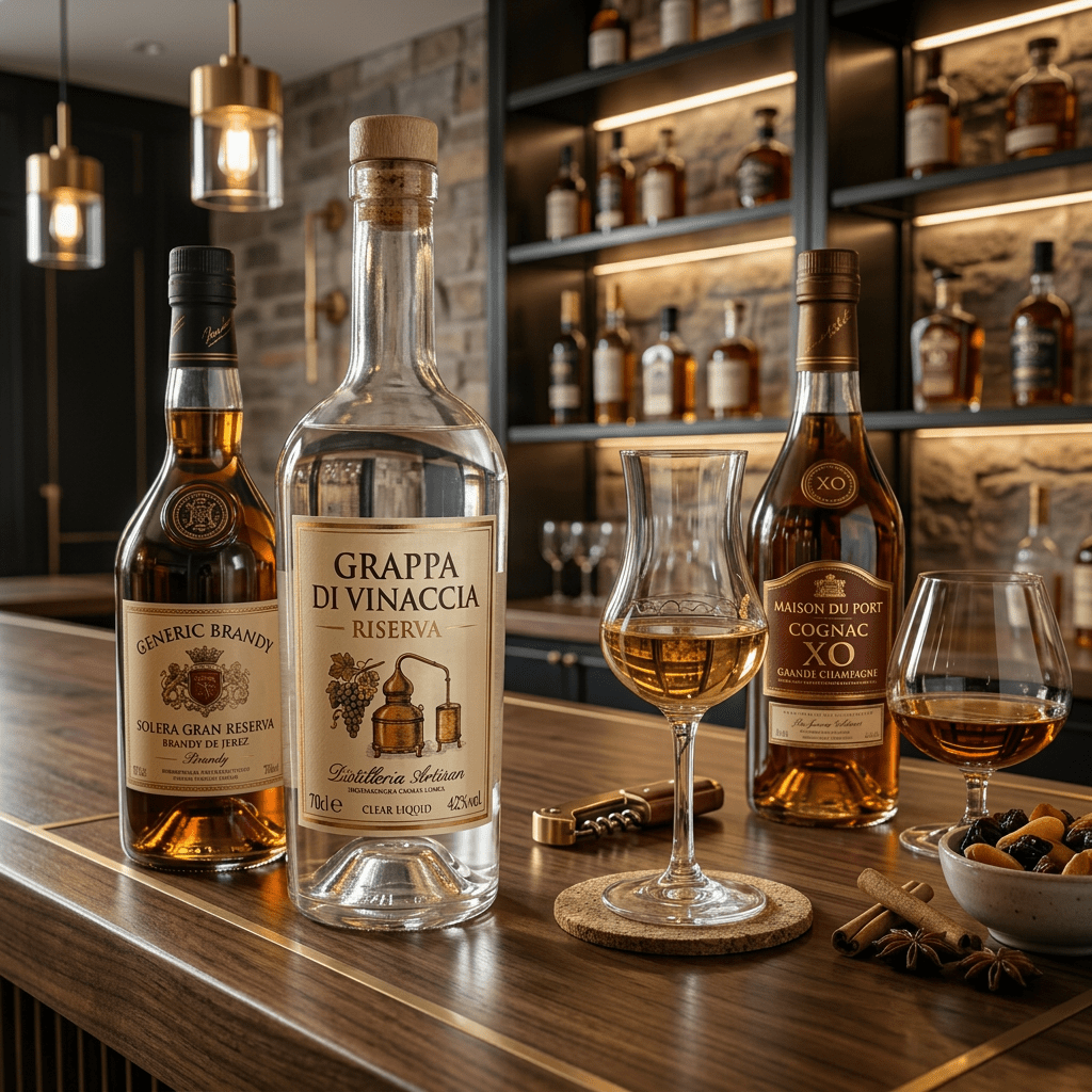 Bottle of Grappa di Vinaccia Riserva and glass with amber grappa on wooden table