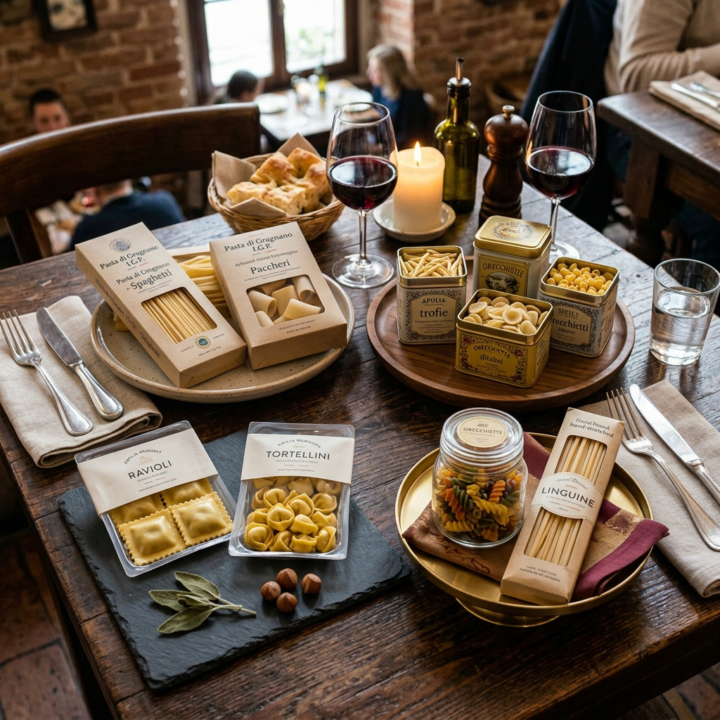 Four different Italian pasta dishes with red wine glasses and bread basket on a wooden table